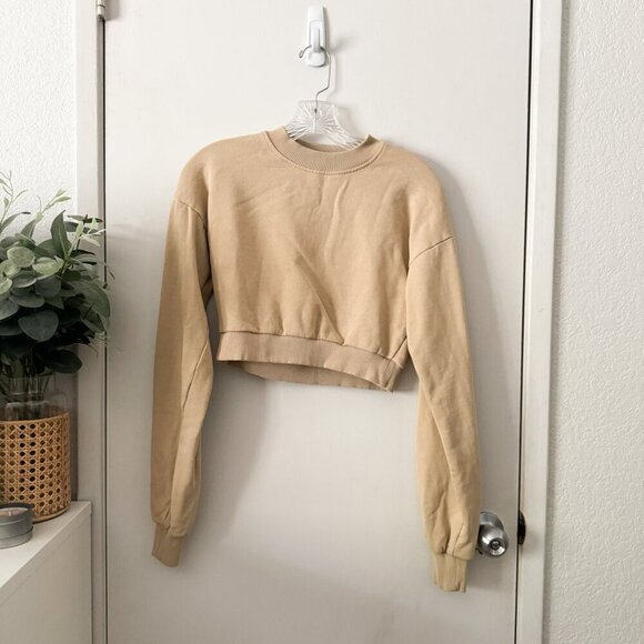🦋 XLE THE LABEL Lauren Elizabeth Paige Cropped Sweatshirt Light Beige Tan XS - Picture 2 of 7